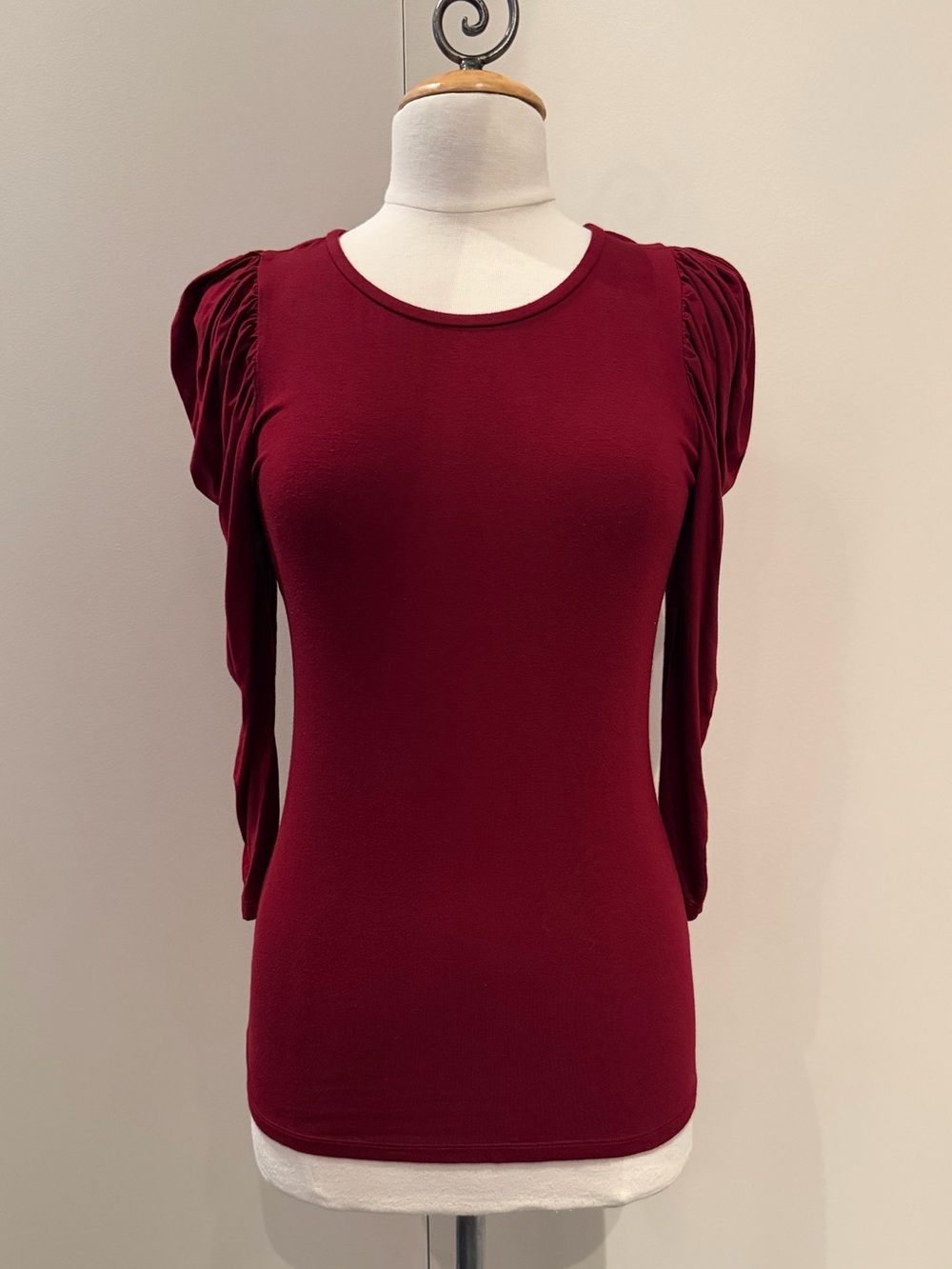 The Limited Burgundy Bubble Ruched-Shoulder Crewneck Top